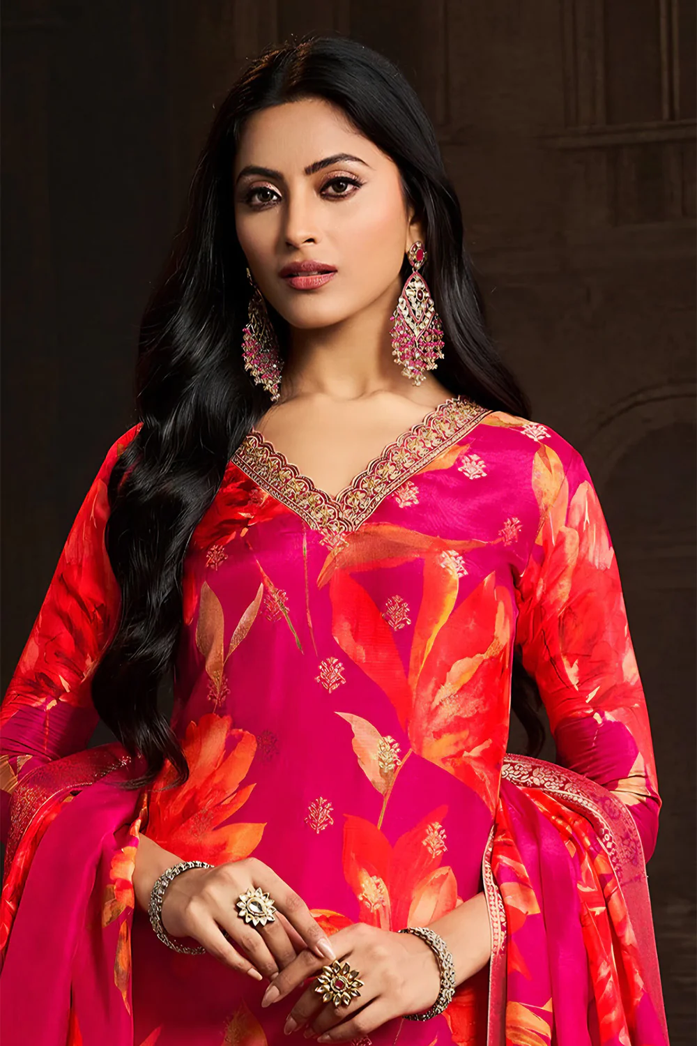 Rani Color Silk Floral Printed & Zari Woven Suit Set - Image 2