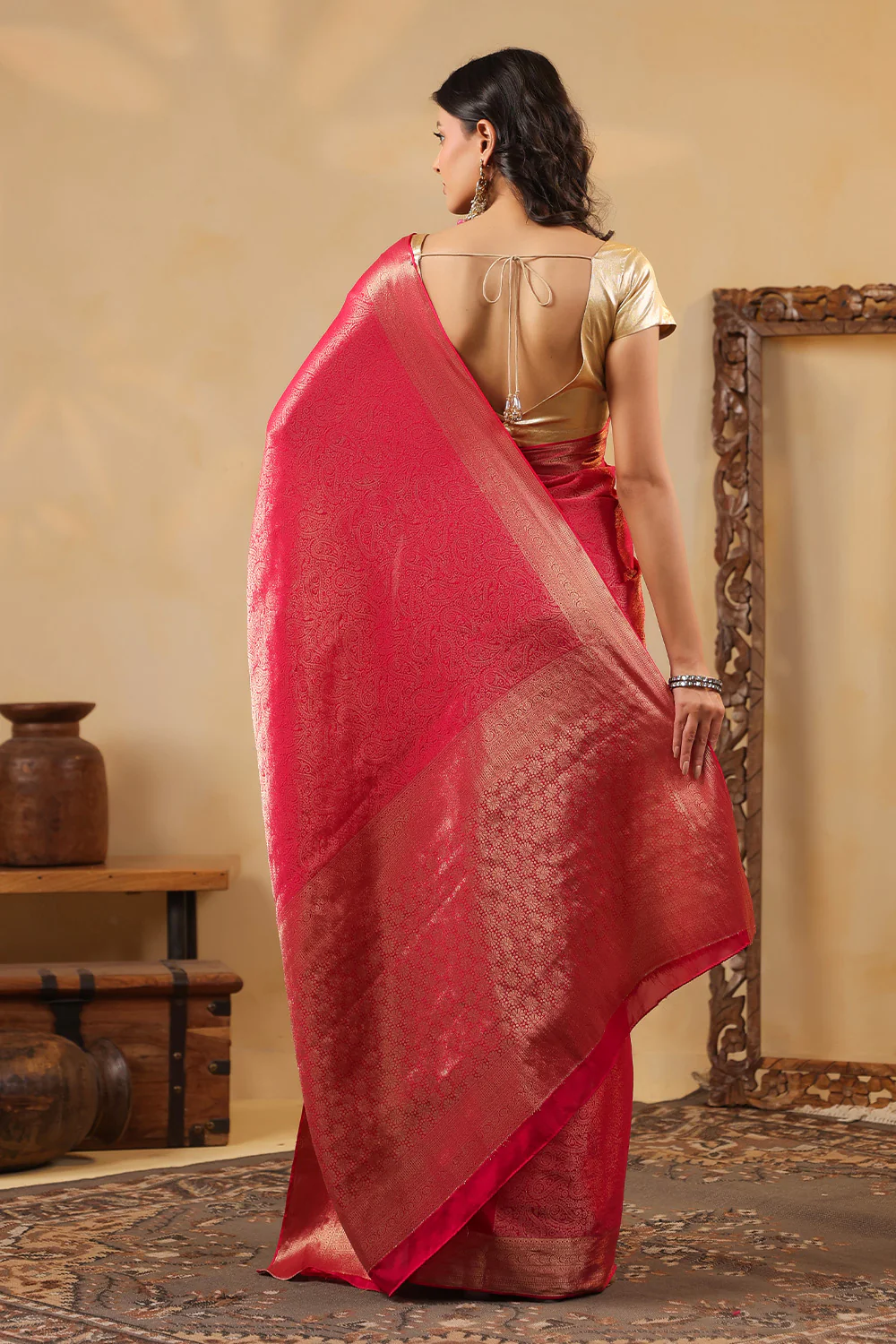 Rani Color Zari Woven Soft Silk Saree - Image 3