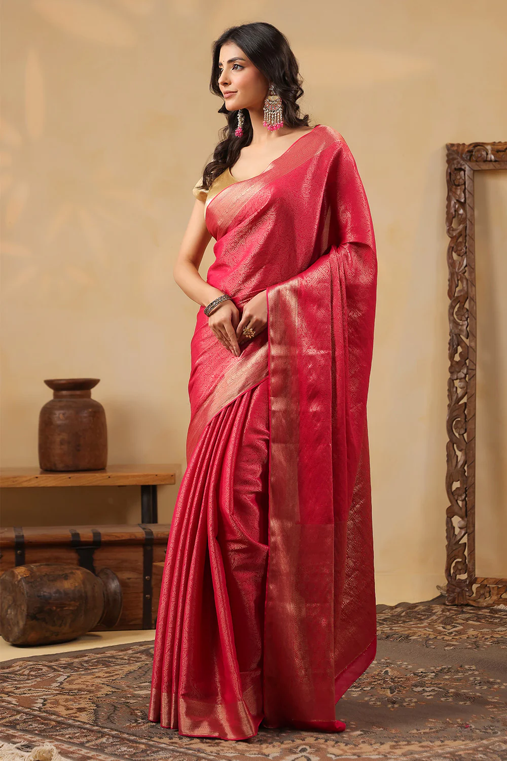 Rani Color Zari Woven Soft Silk Saree - Image 6