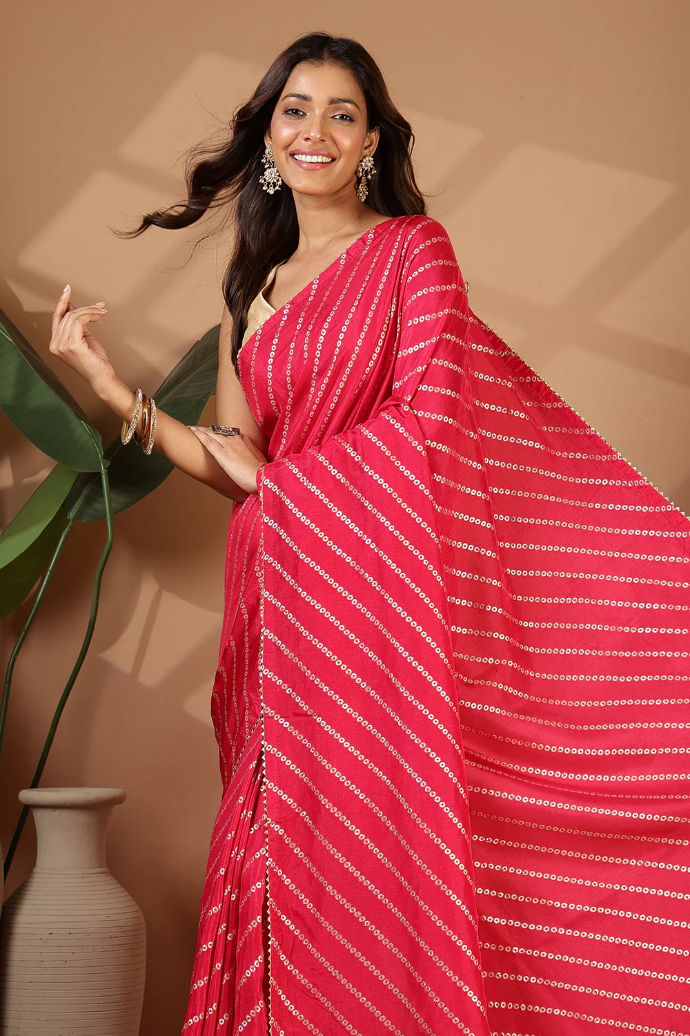 Rani Modal Silk Saree with Zari Pinstripes - Image 4