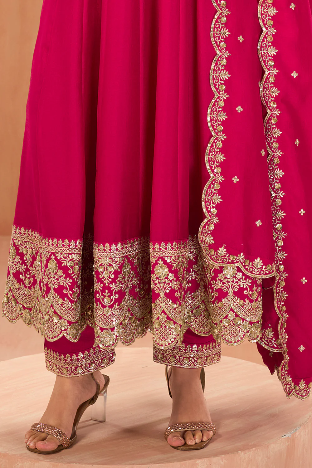 Rani Pink Crepe Silk Zari and Sequins Embroidered Anarkali Suit - Image 3