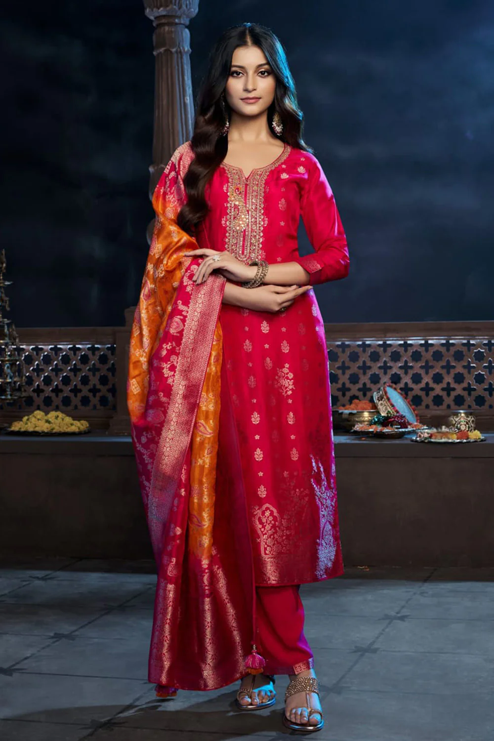 Rani Silk Neck Embroidered And Zari Woven Suit With Woven Dupatta Set