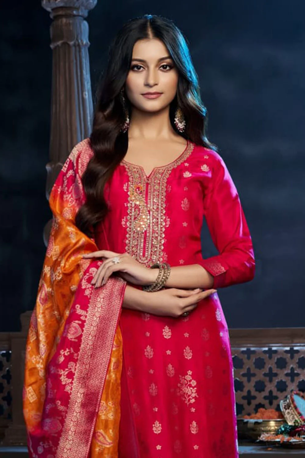 Rani Silk Neck Embroidered And Zari Woven Suit With Woven Dupatta Set - Image 2