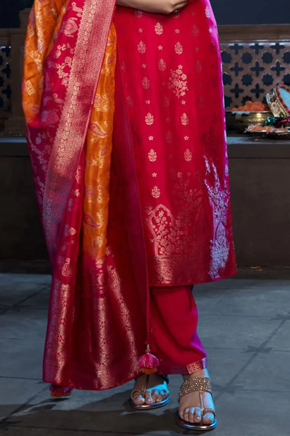 Rani Silk Neck Embroidered And Zari Woven Suit With Woven Dupatta Set - Image 3