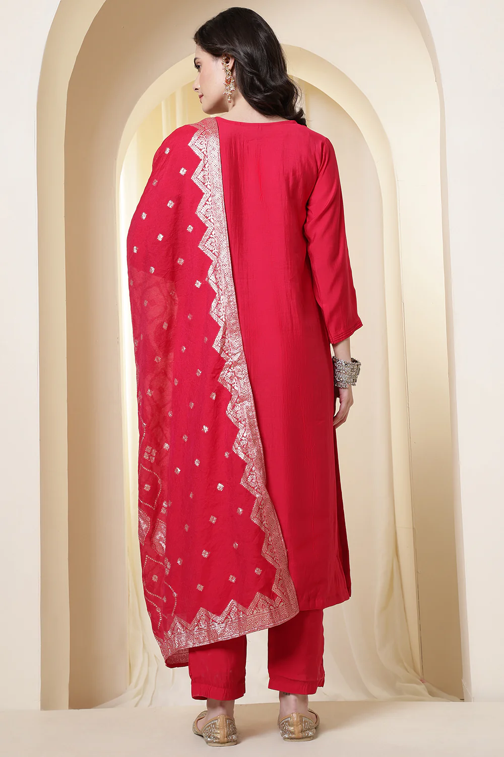 Rani Silk Neck Embroidered Suit Set With Woven Dupatta - Image 3