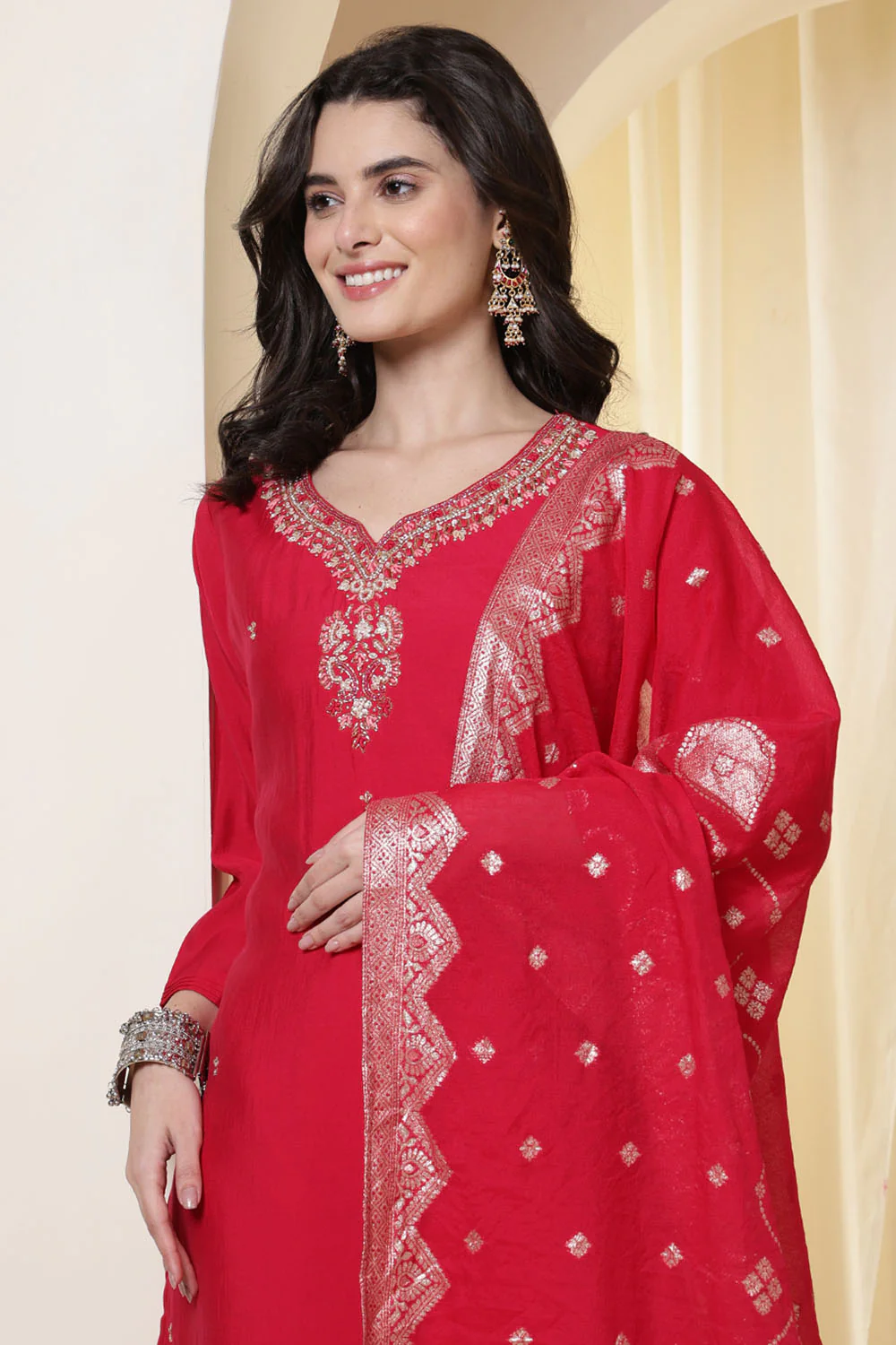 Rani Silk Neck Embroidered Suit Set With Woven Dupatta - Image 4