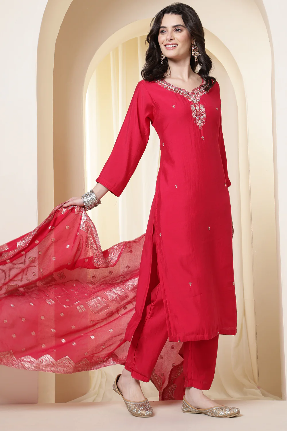 Rani Silk Neck Embroidered Suit Set With Woven Dupatta - Image 5
