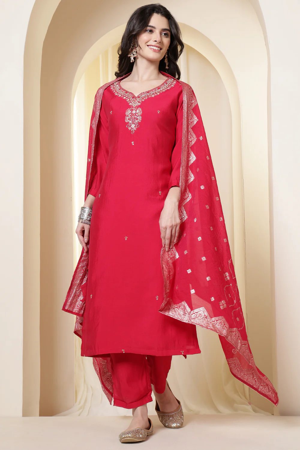 Rani Silk Neck Embroidered Suit Set With Woven Dupatta - Image 6