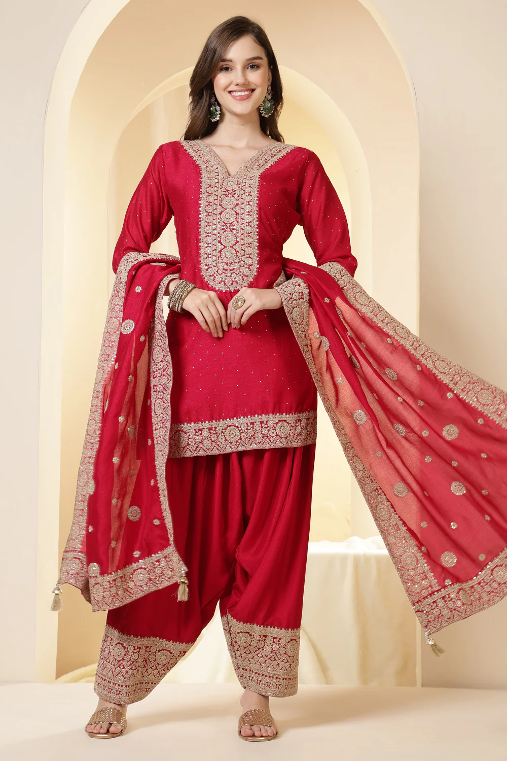 Rani Silk Zari Embroidered Suit With Farsi Salwar - Image 5