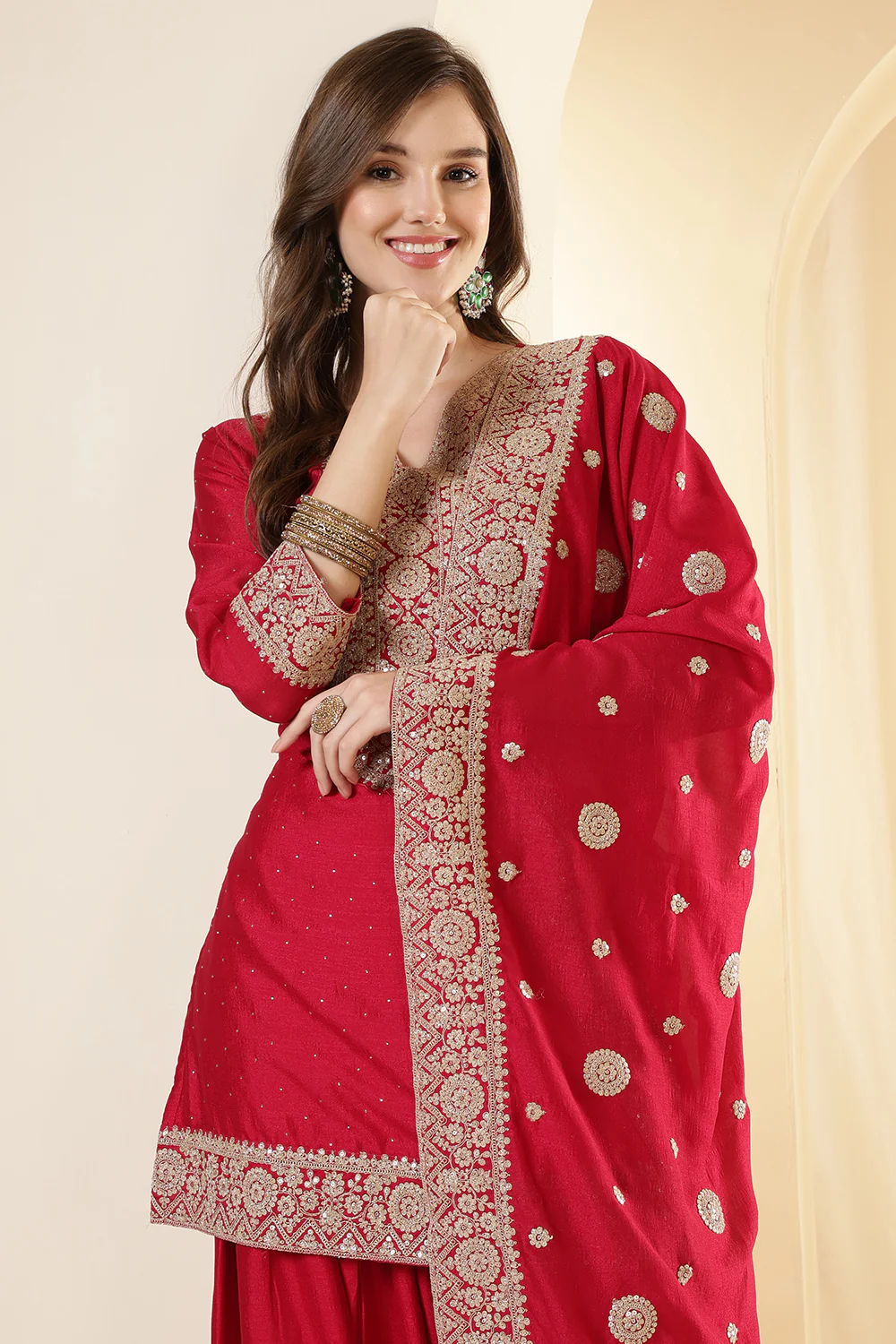Rani Silk Zari Embroidered Suit With Farsi Salwar - Image 6