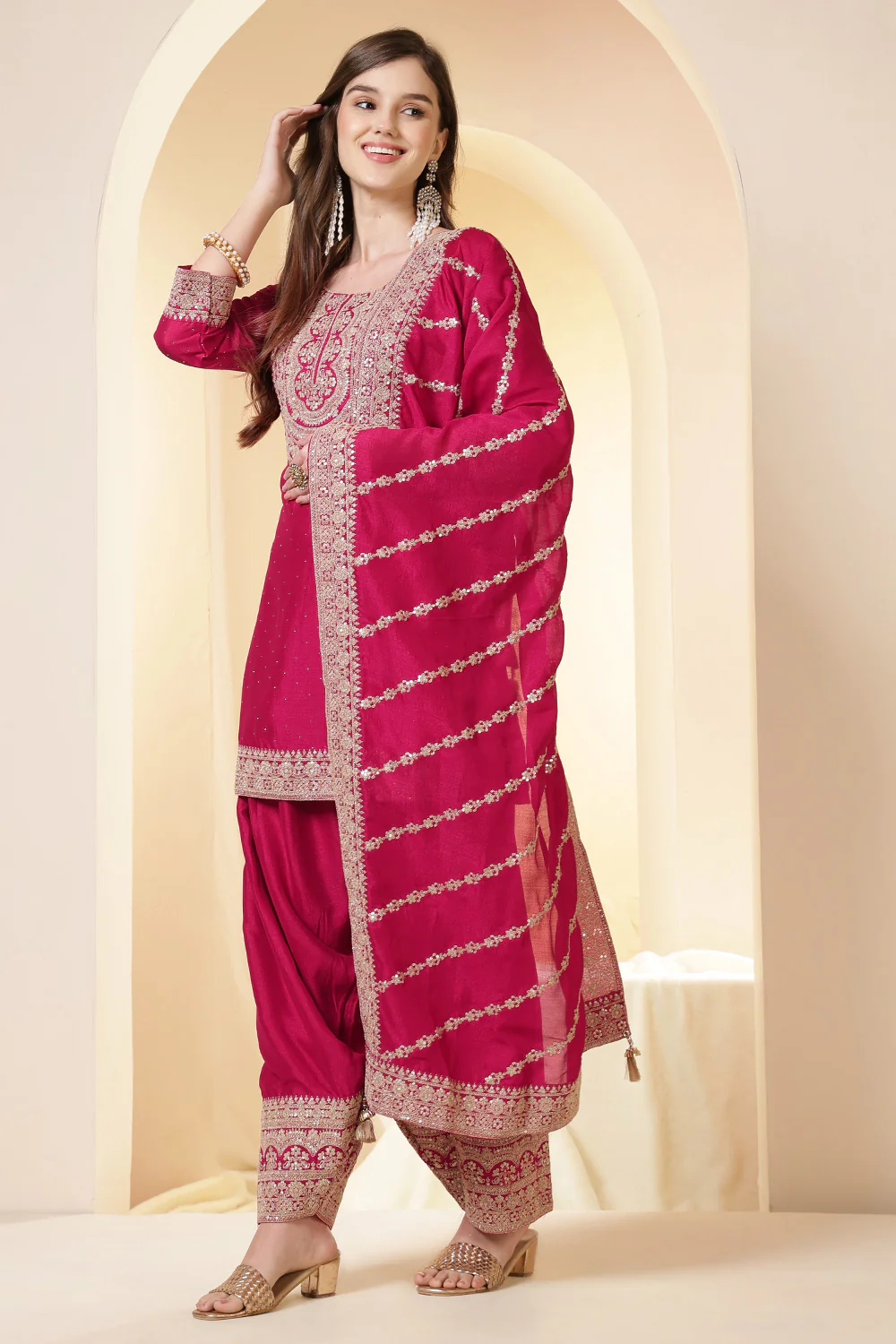 Rani Zari Embroidered Silk Suit With Farsi Salwar - Image 2