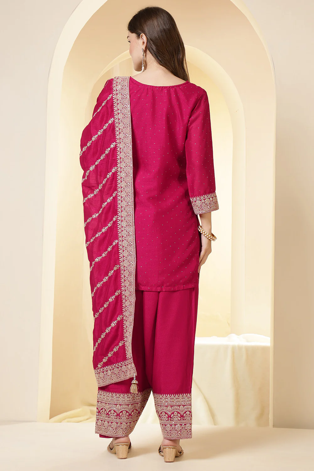 Rani Zari Embroidered Silk Suit With Farsi Salwar - Image 3