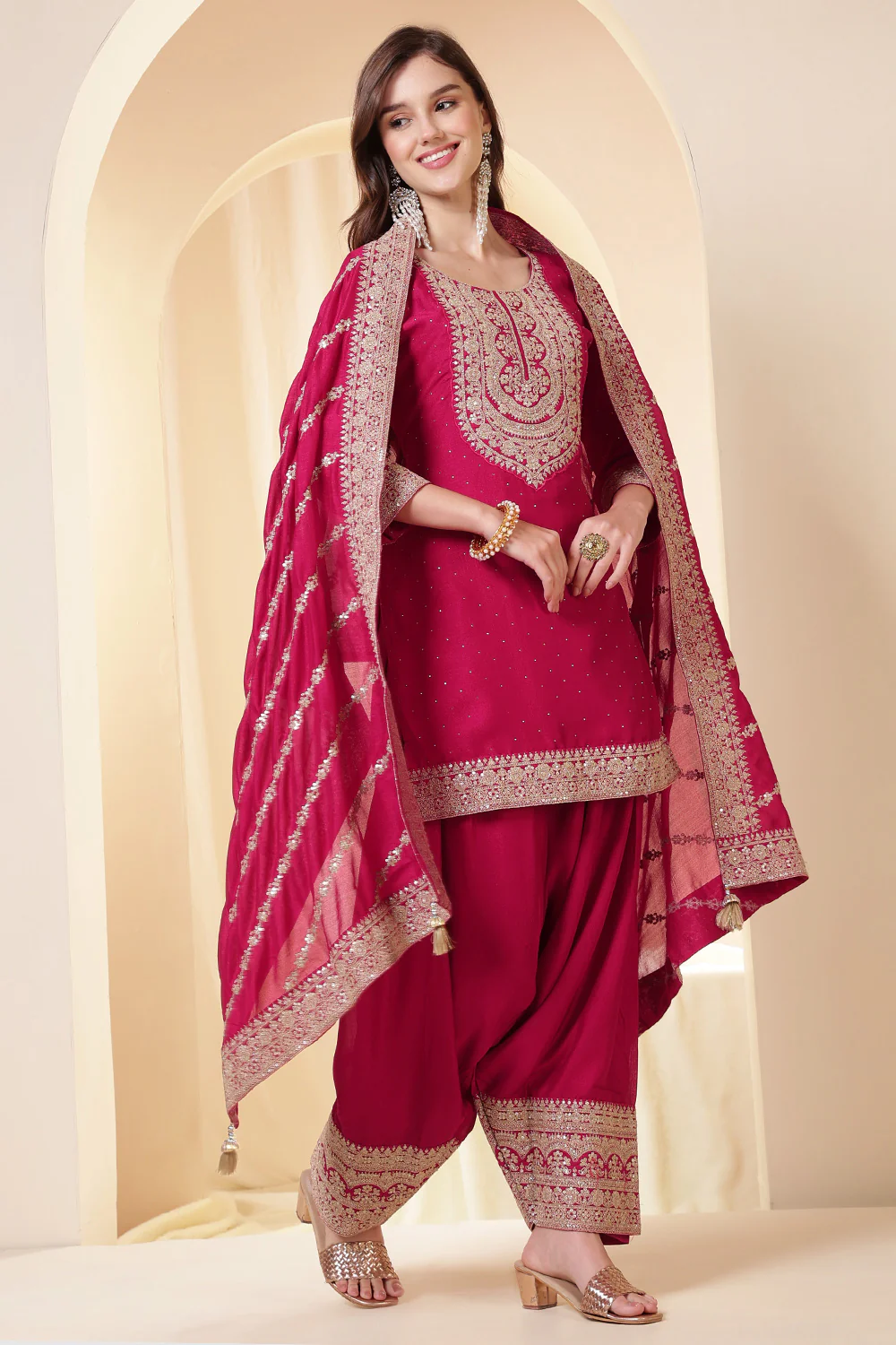 Rani Zari Embroidered Silk Suit With Farsi Salwar - Image 4