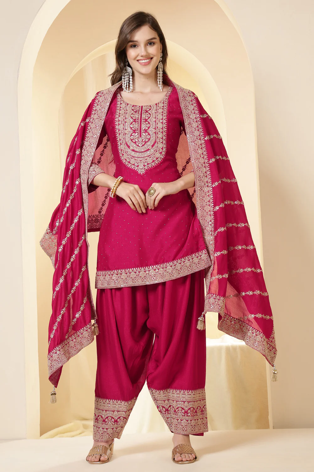 Rani Zari Embroidered Silk Suit With Farsi Salwar - Image 5
