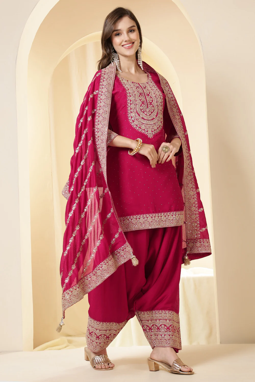 Rani Zari Embroidered Silk Suit With Farsi Salwar - Image 6