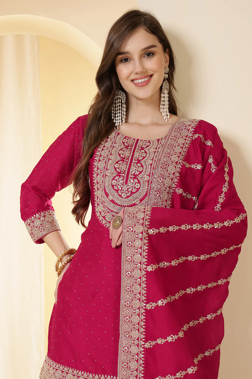 Rani Zari Embroidered Silk Suit With Farsi Salwar - Image 7