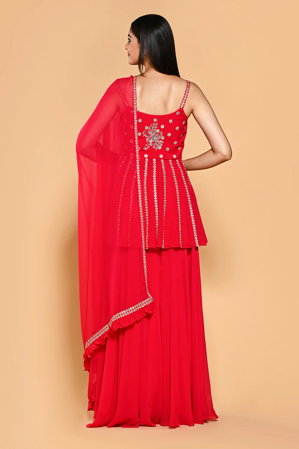 Red Color Embroidered Georgette Peplum Sharara Suit - Image 3