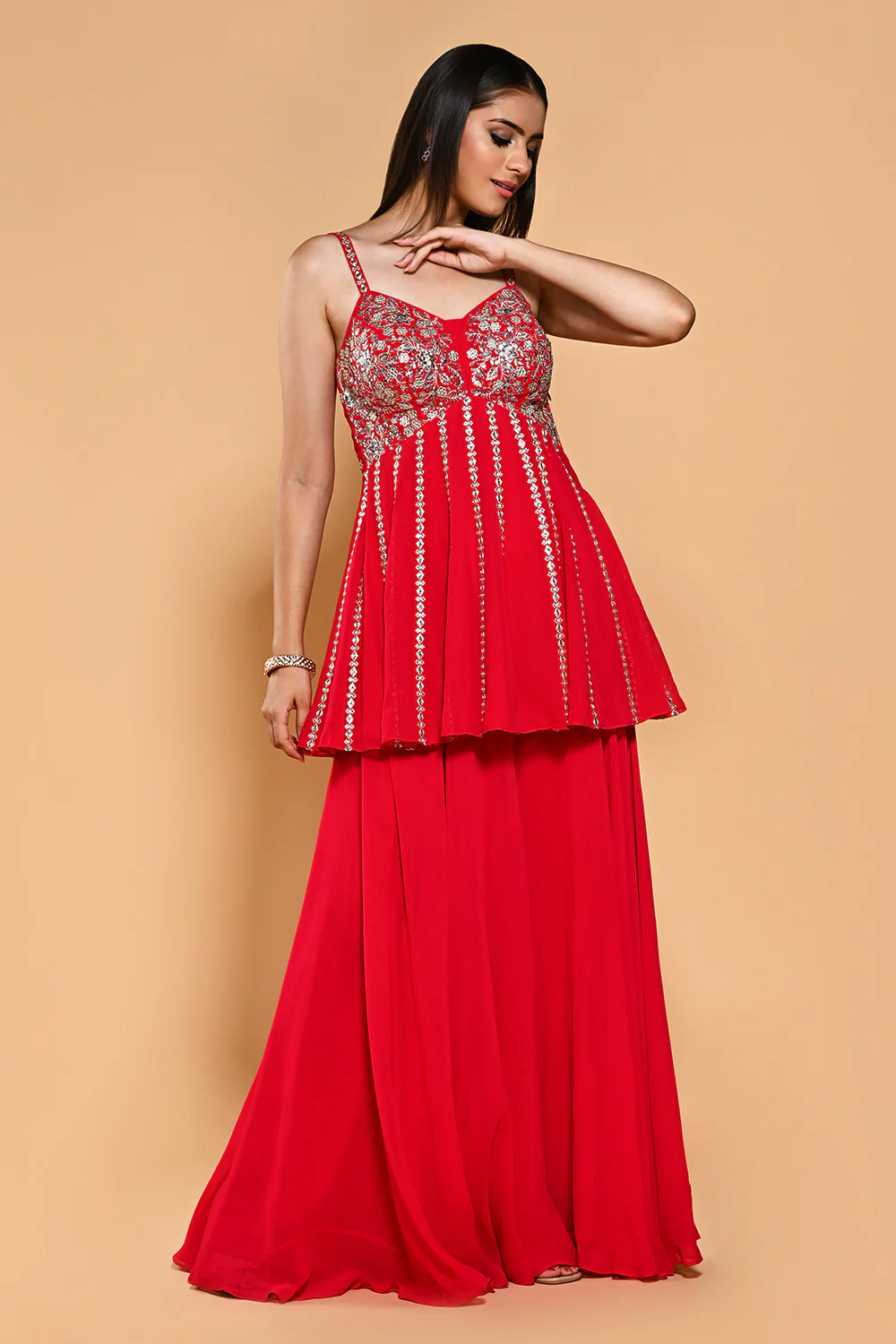 Red Color Embroidered Georgette Peplum Sharara Suit - Image 4