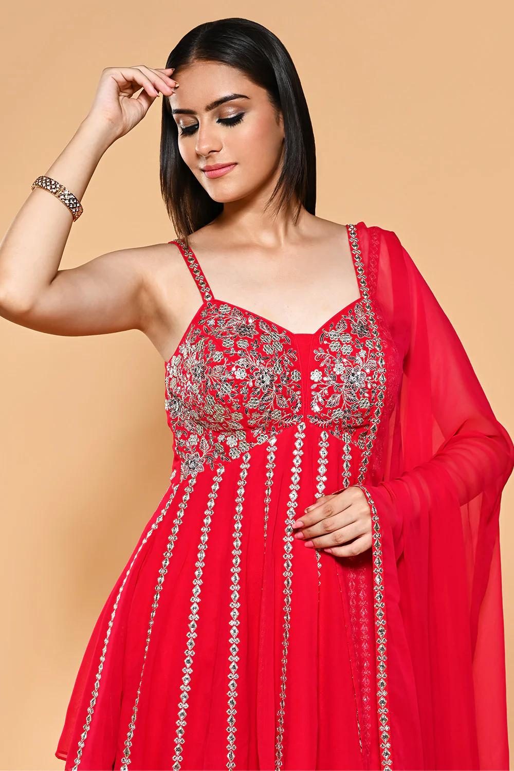 Red Color Embroidered Georgette Peplum Sharara Suit - Image 5