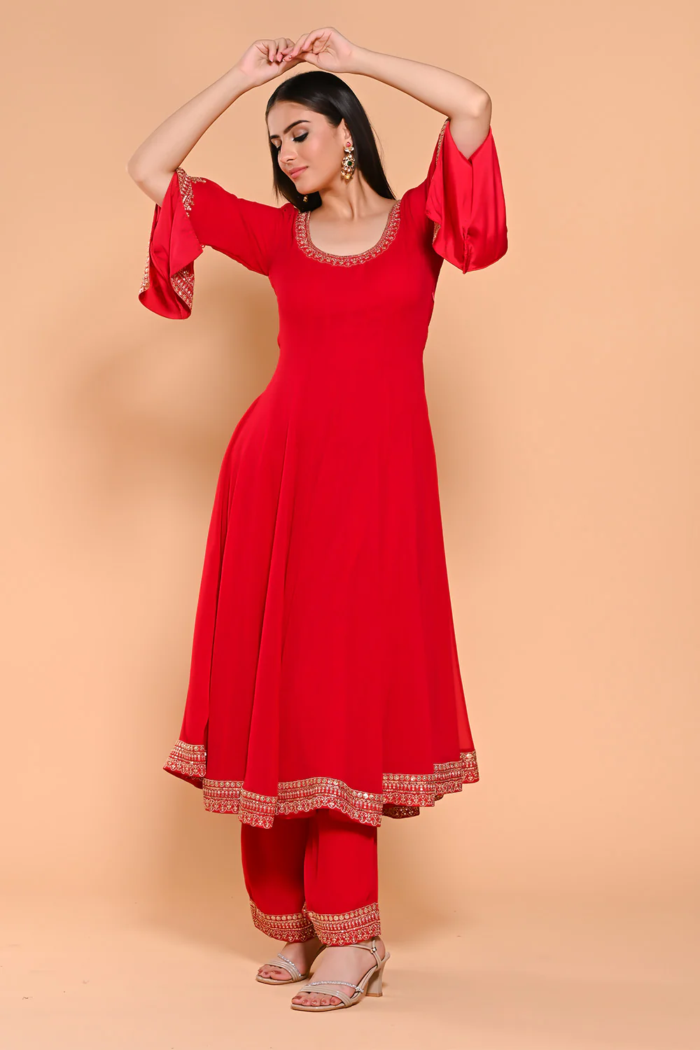 Red Color Georgette Designer Side Silts Sleeves Embroidered Anarkali Suit - Image 3