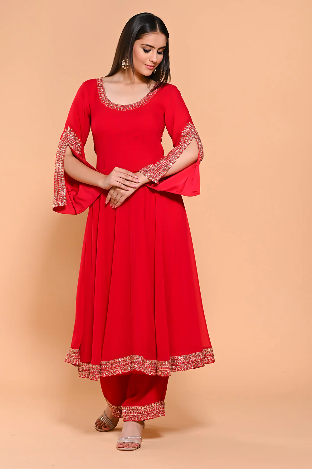 Red Color Georgette Designer Side Silts Sleeves Embroidered Anarkali Suit - Image 4