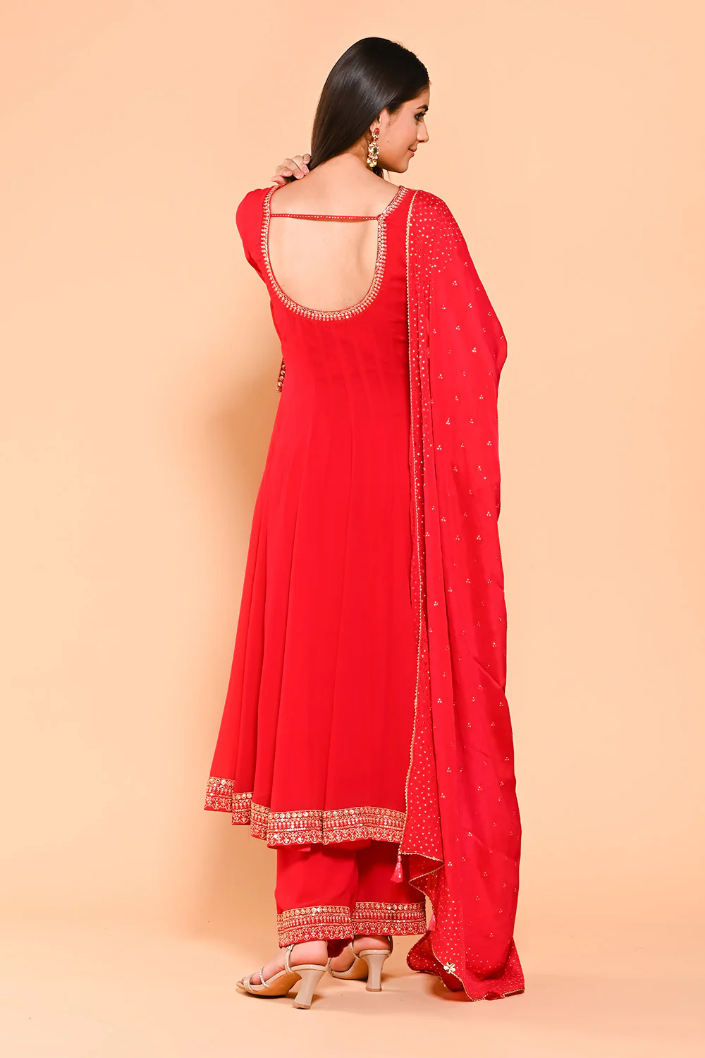 Red Color Georgette Designer Side Silts Sleeves Embroidered Anarkali Suit - Image 5