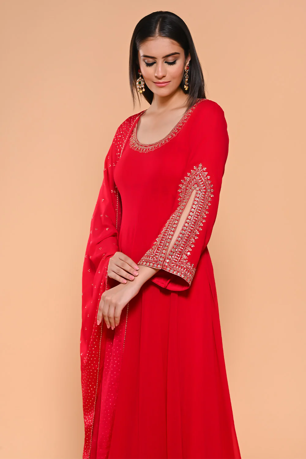 Red Color Georgette Designer Side Silts Sleeves Embroidered Anarkali Suit - Image 8