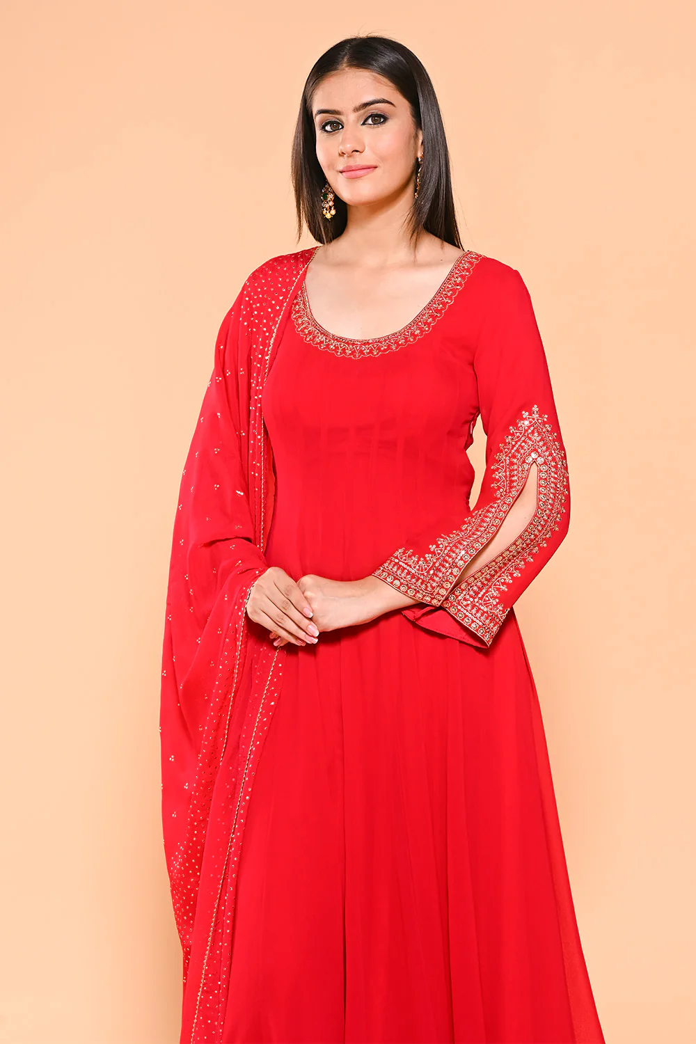 Red Color Georgette Designer Side Silts Sleeves Embroidered Anarkali Suit - Image 9