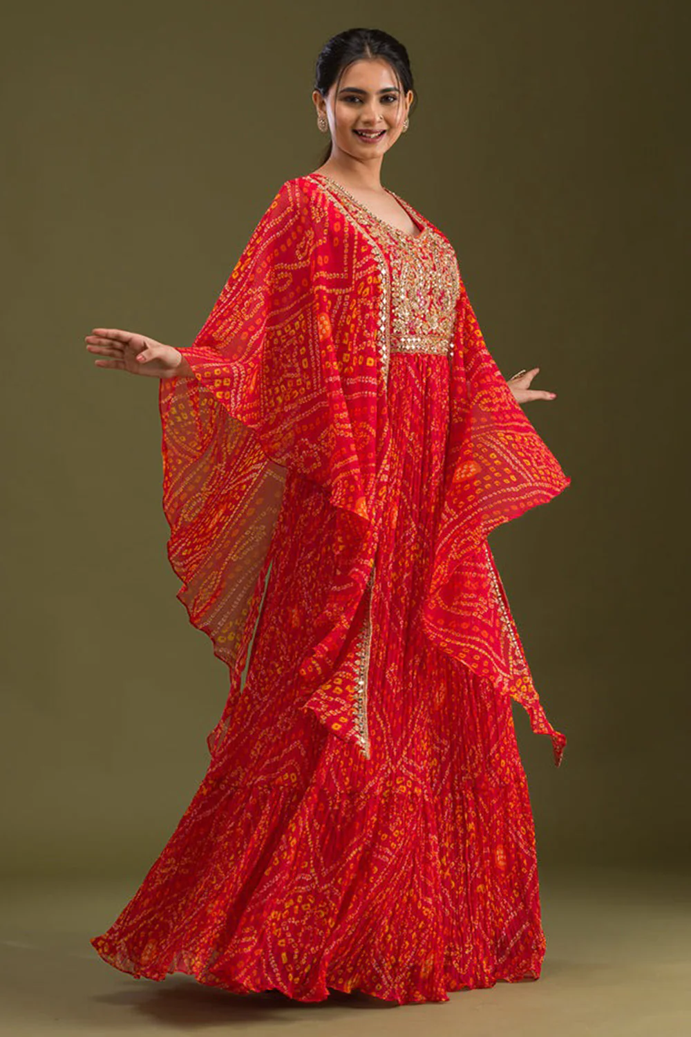 Red Color Georgette Fabric Neck Embroidered & Bandhani Printed Anarkali KurtI - Image 4