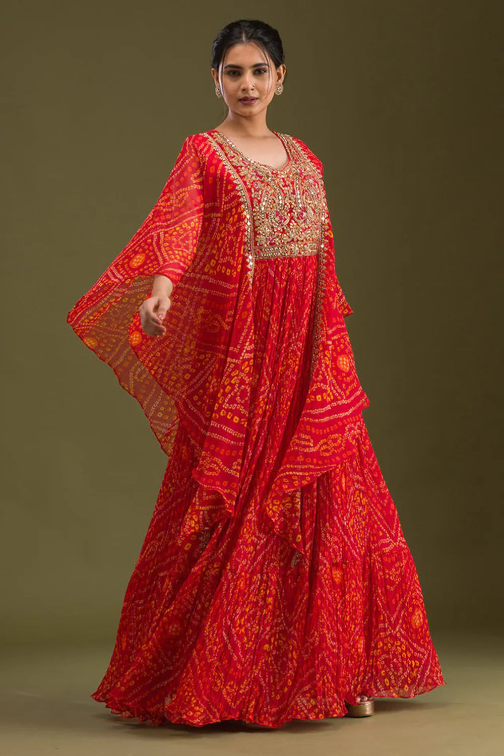 Red Color Georgette Fabric Neck Embroidered & Bandhani Printed Anarkali KurtI - Image 5