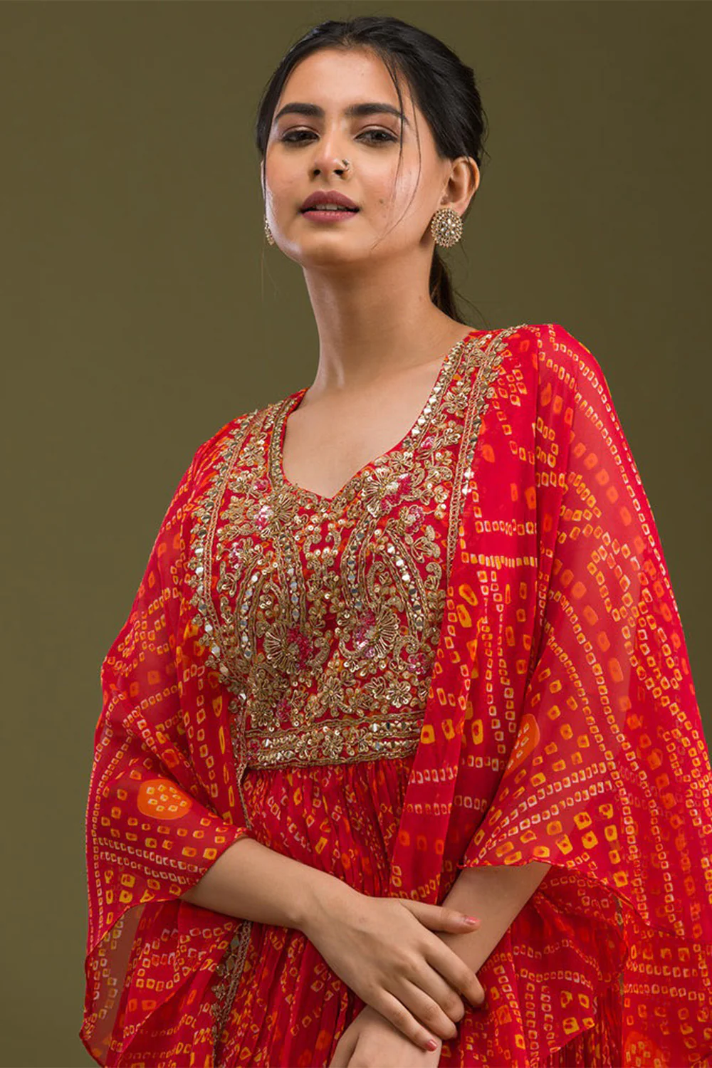 Red Color Georgette Fabric Neck Embroidered & Bandhani Printed Anarkali KurtI - Image 6