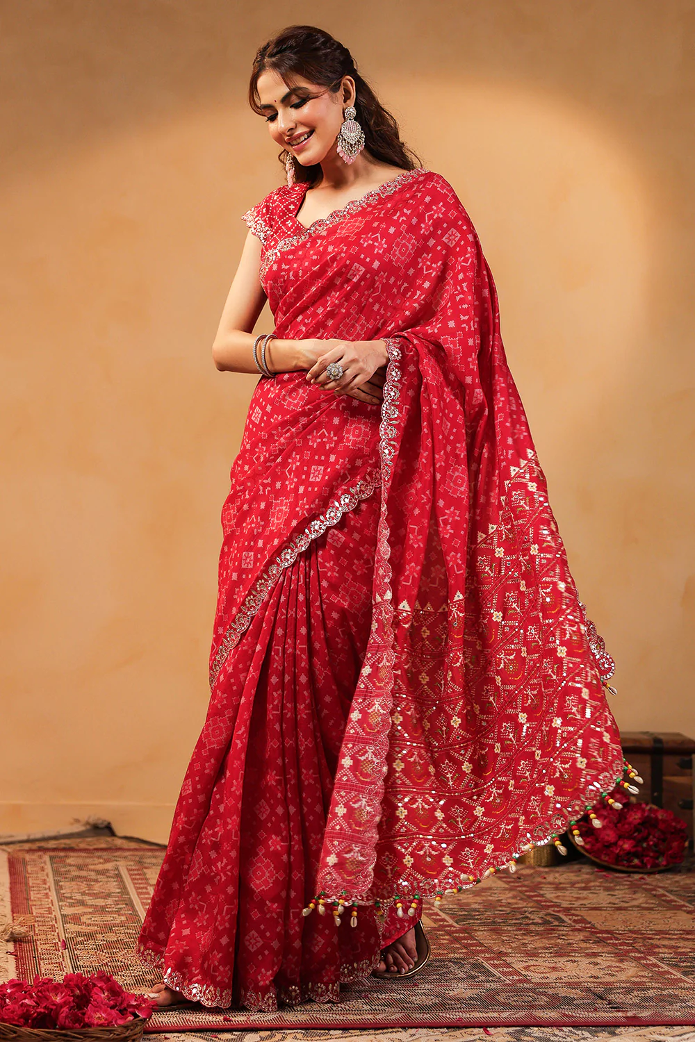 Red Color Ikat Patola Modal Silk Saree with Gota Patti Border - Image 10