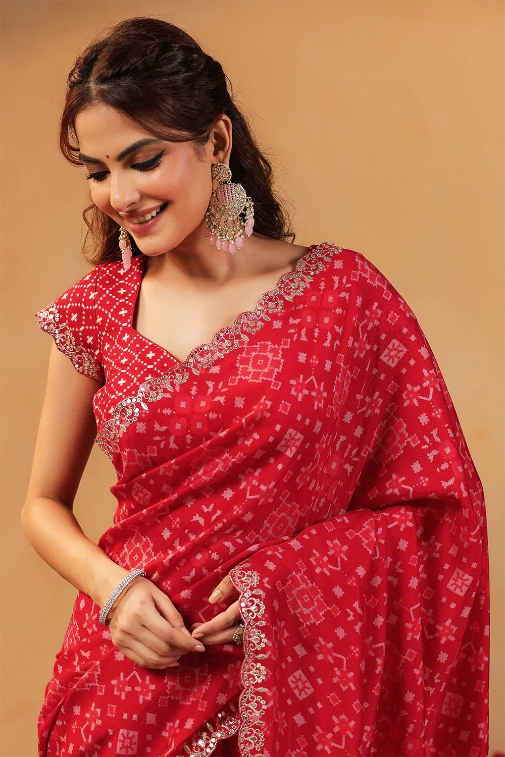 Red Color Ikat Patola Modal Silk Saree with Gota Patti Border - Image 11