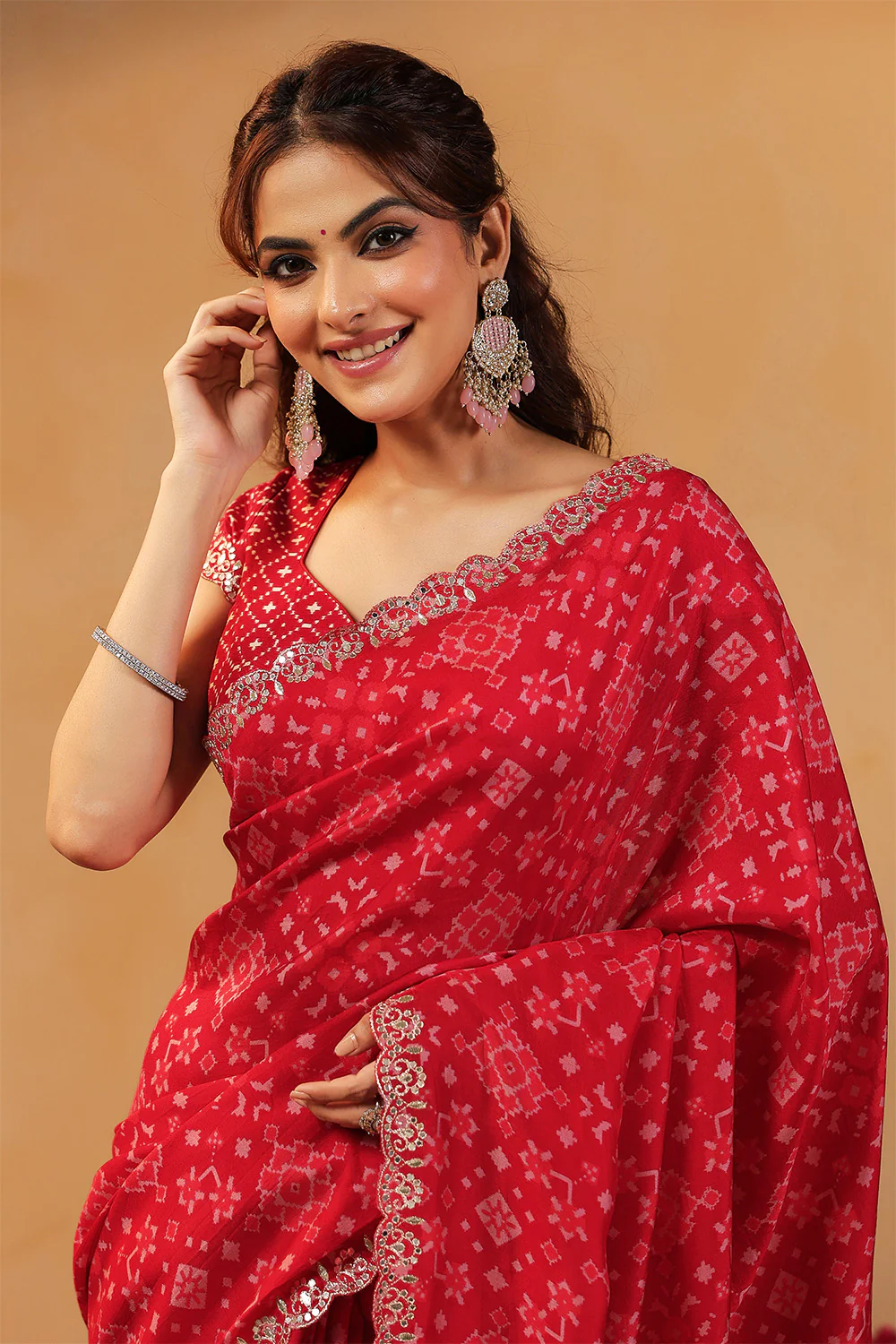 Red Color Ikat Patola Modal Silk Saree with Gota Patti Border - Image 12