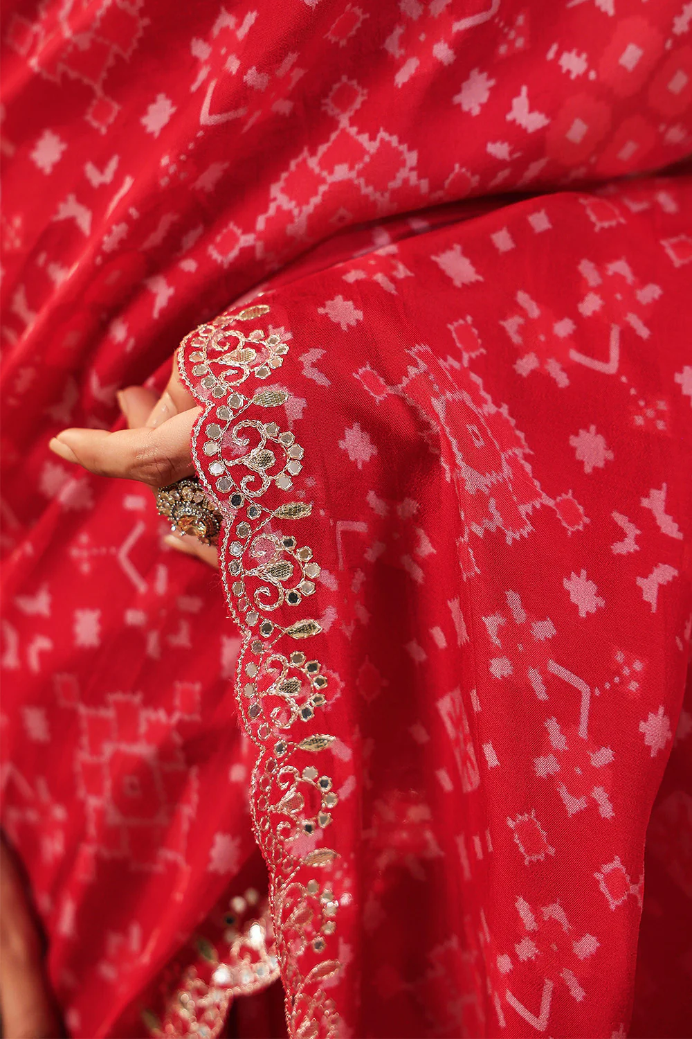 Red Color Ikat Patola Modal Silk Saree with Gota Patti Border - Image 13