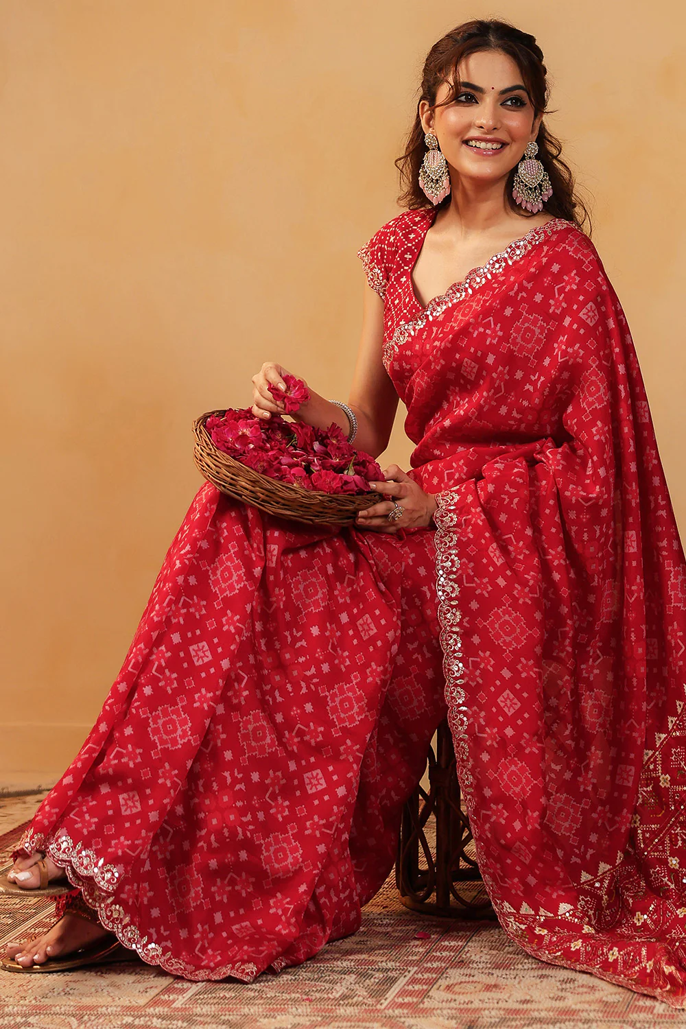 Red Color Ikat Patola Modal Silk Saree with Gota Patti Border - Image 14