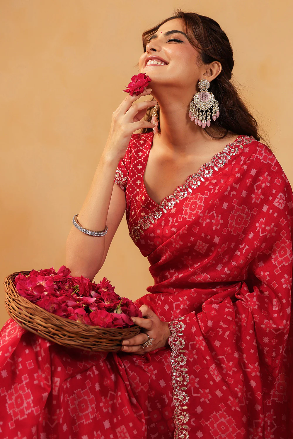 Red Color Ikat Patola Modal Silk Saree with Gota Patti Border - Image 15