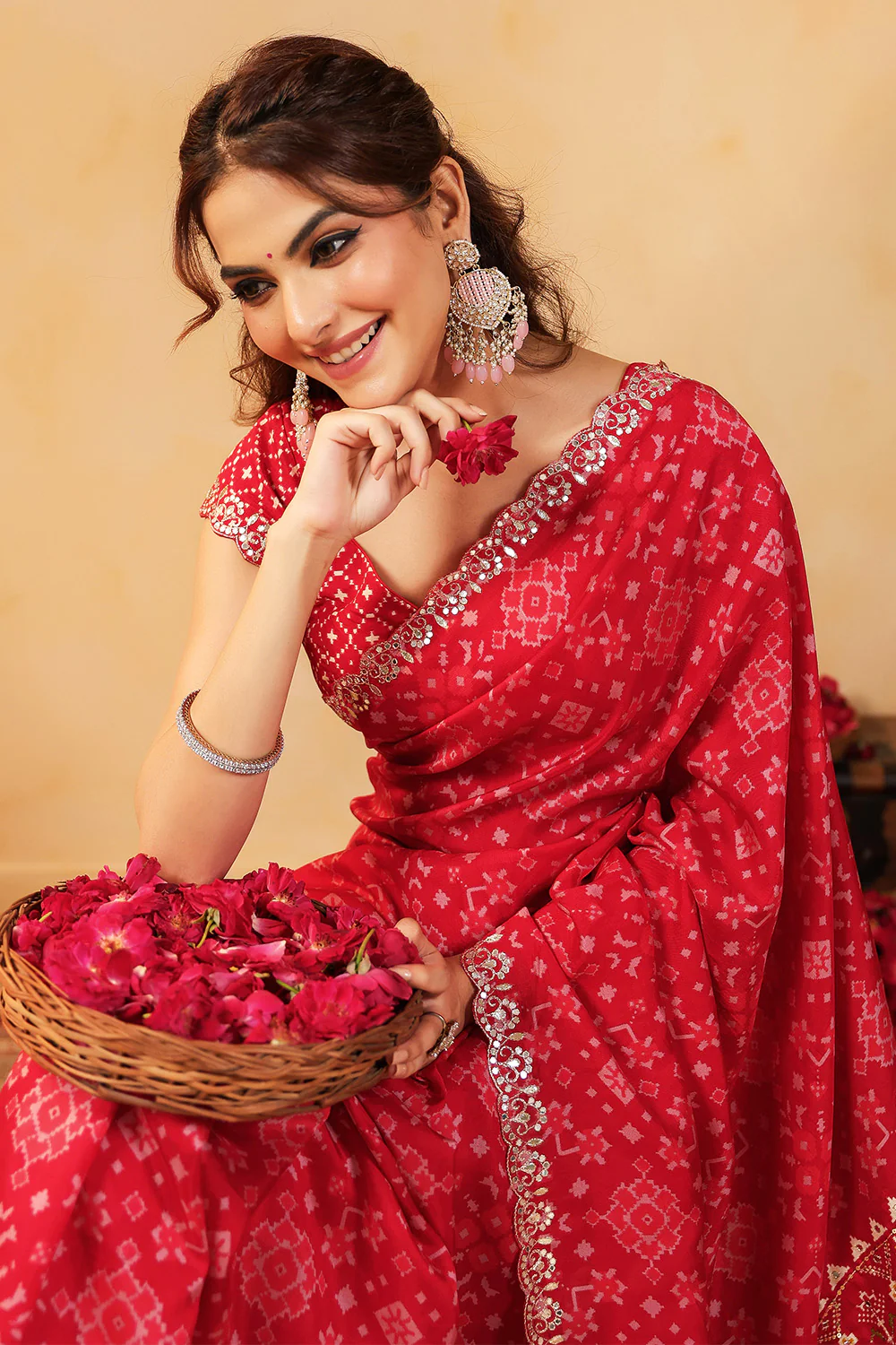 Red Color Ikat Patola Modal Silk Saree with Gota Patti Border - Image 16
