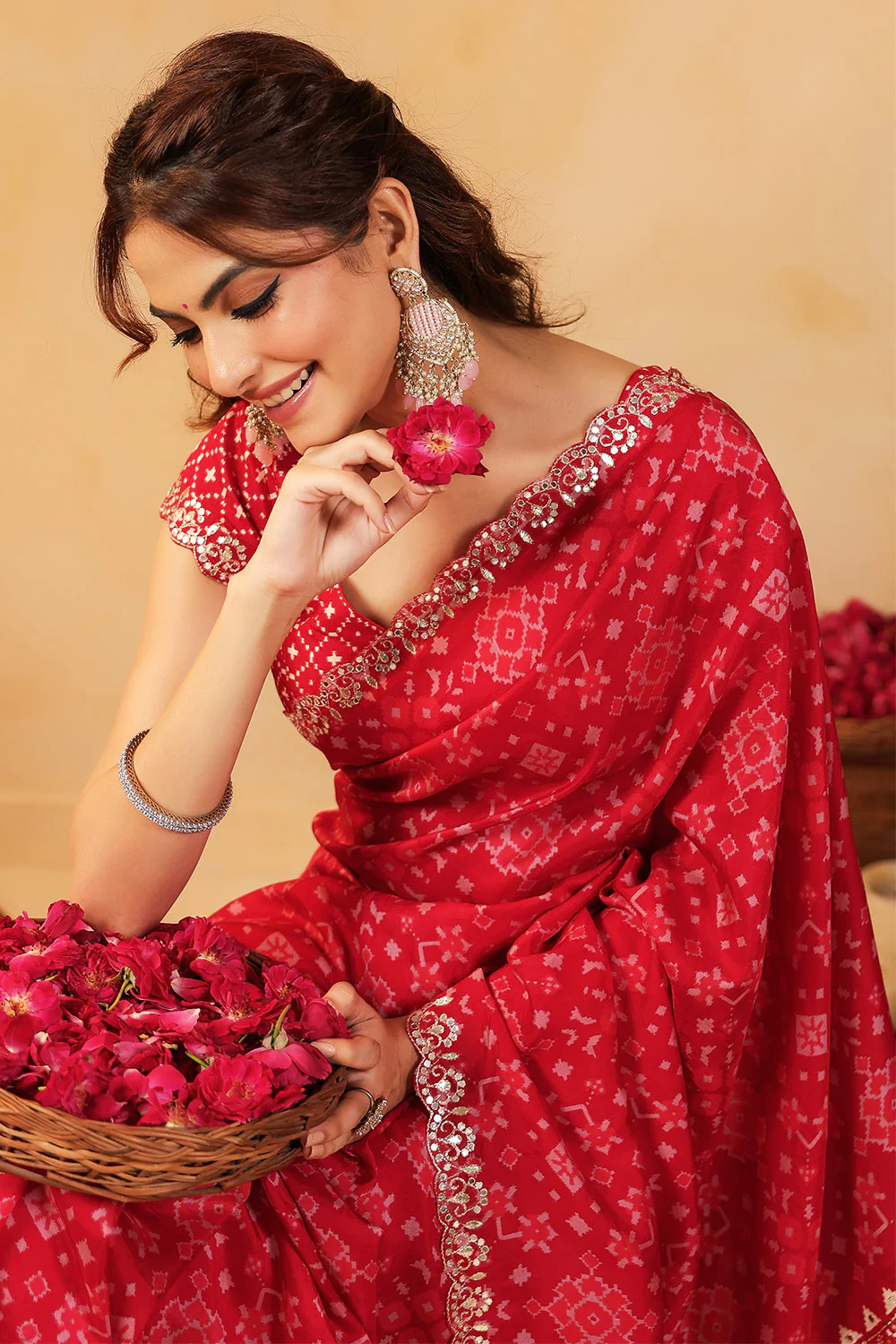 Red Color Ikat Patola Modal Silk Saree with Gota Patti Border - Image 17