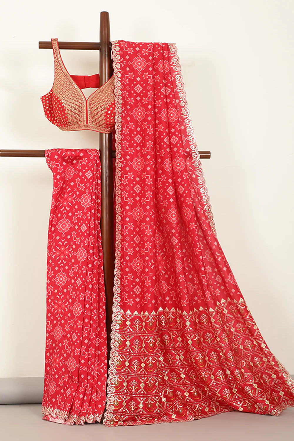 Red Color Ikat Patola Modal Silk Saree with Gota Patti Border - Image 18