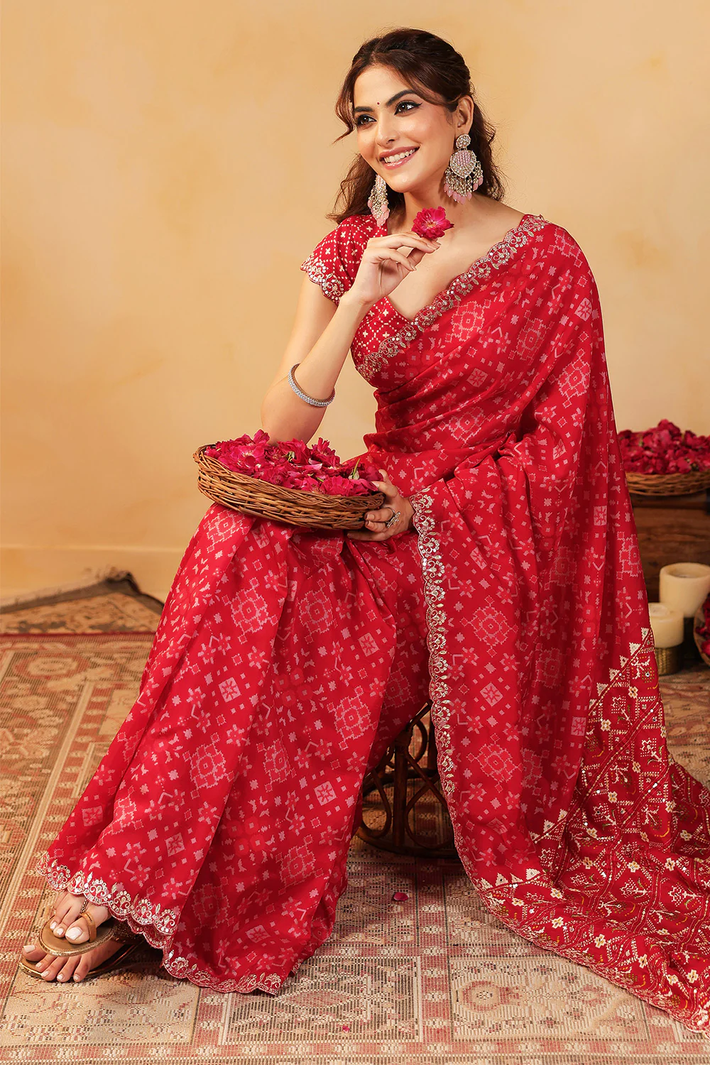 Red Color Ikat Patola Modal Silk Saree with Gota Patti Border - Image 19