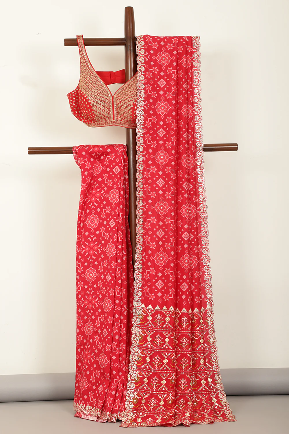 Red Color Ikat Patola Modal Silk Saree with Gota Patti Border - Image 20