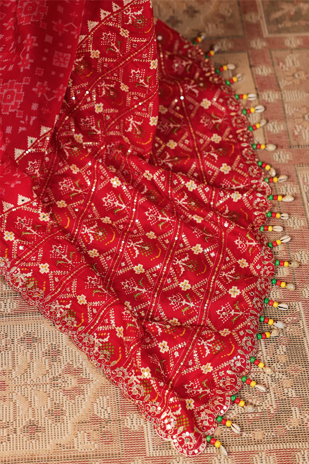 Red Color Ikat Patola Modal Silk Saree with Gota Patti Border - Image 21