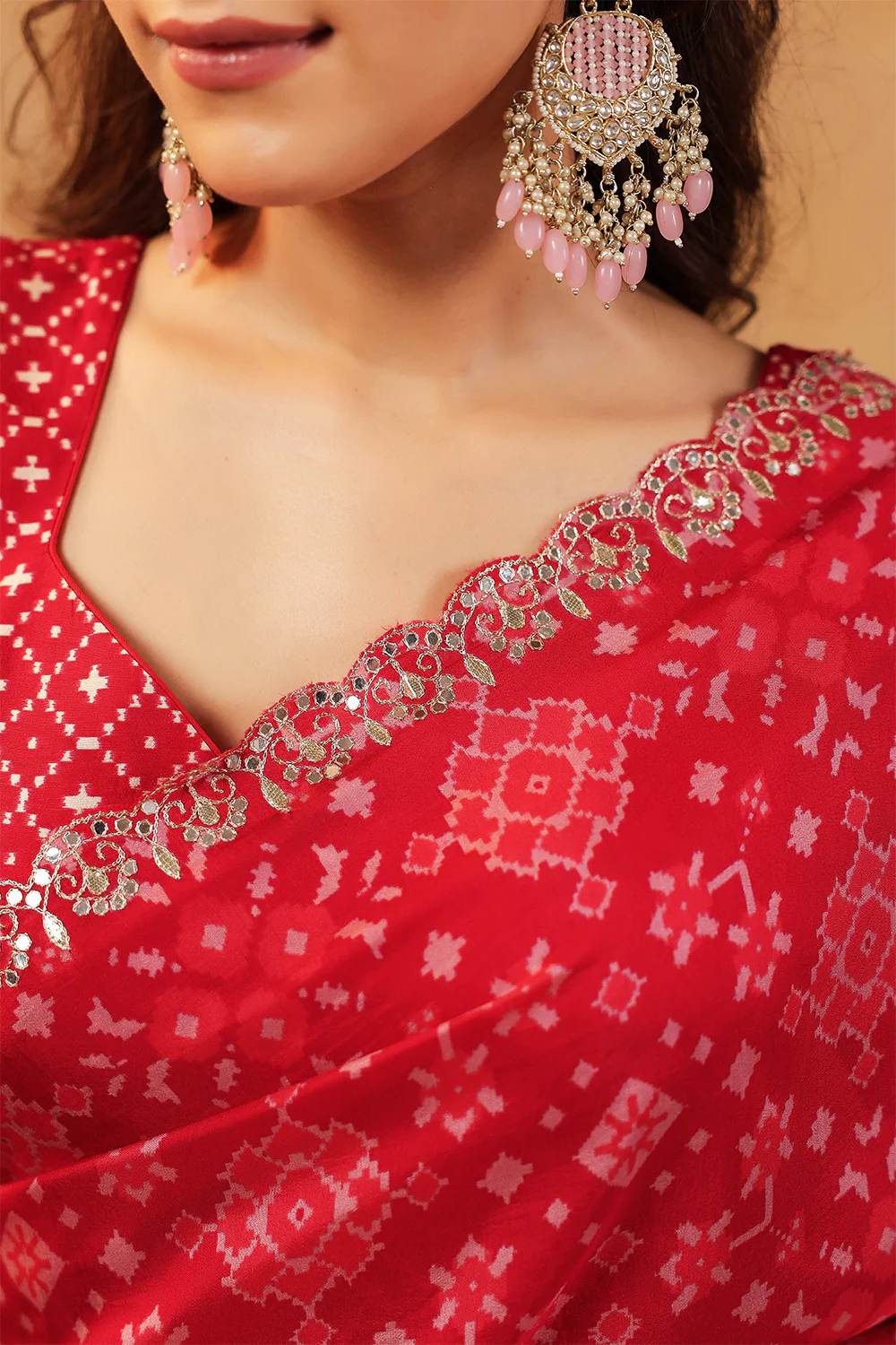 Red Color Ikat Patola Modal Silk Saree with Gota Patti Border - Image 3