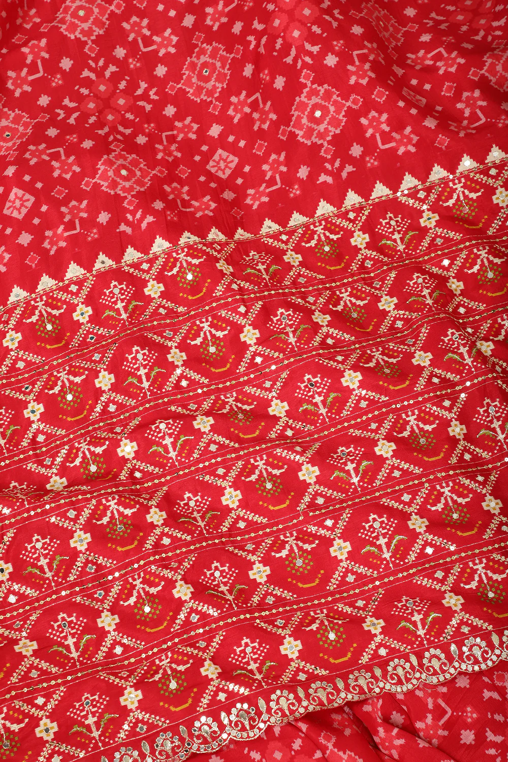 Red Color Ikat Patola Modal Silk Saree with Gota Patti Border - Image 4