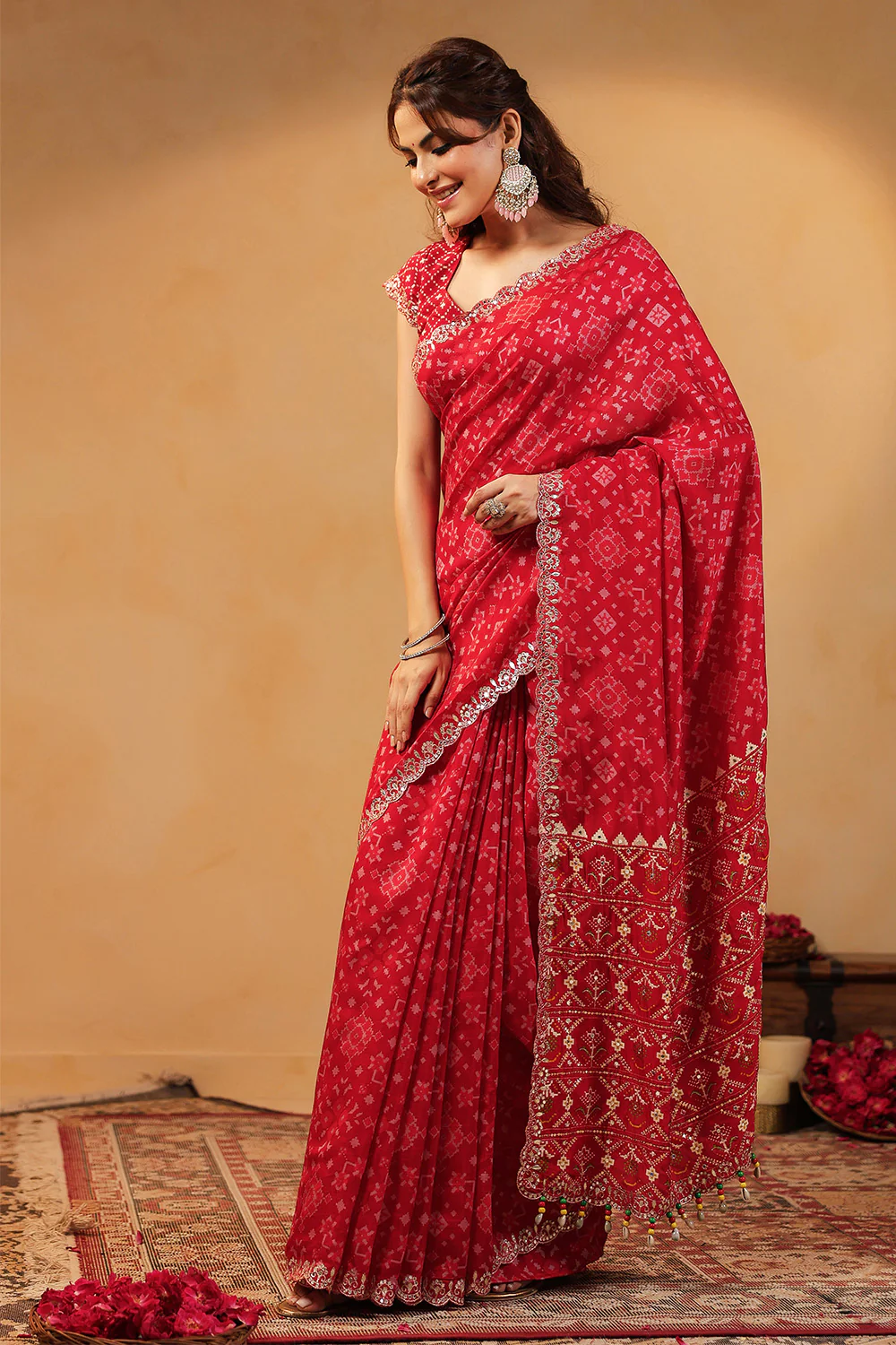 Red Color Ikat Patola Modal Silk Saree with Gota Patti Border - Image 5