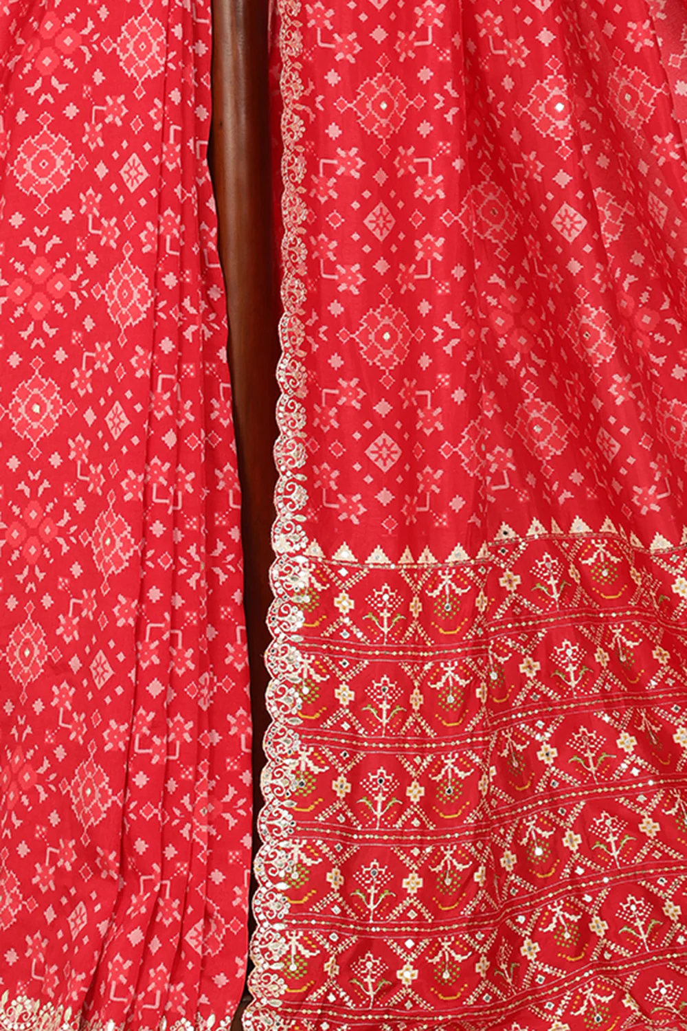 Red Color Ikat Patola Modal Silk Saree with Gota Patti Border - Image 6
