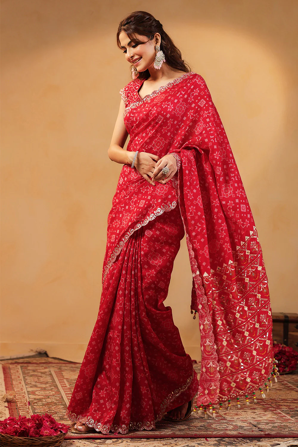 Red Color Ikat Patola Modal Silk Saree with Gota Patti Border - Image 7