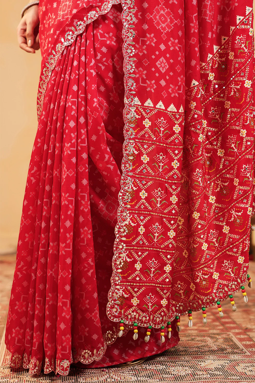 Red Color Ikat Patola Modal Silk Saree with Gota Patti Border - Image 8