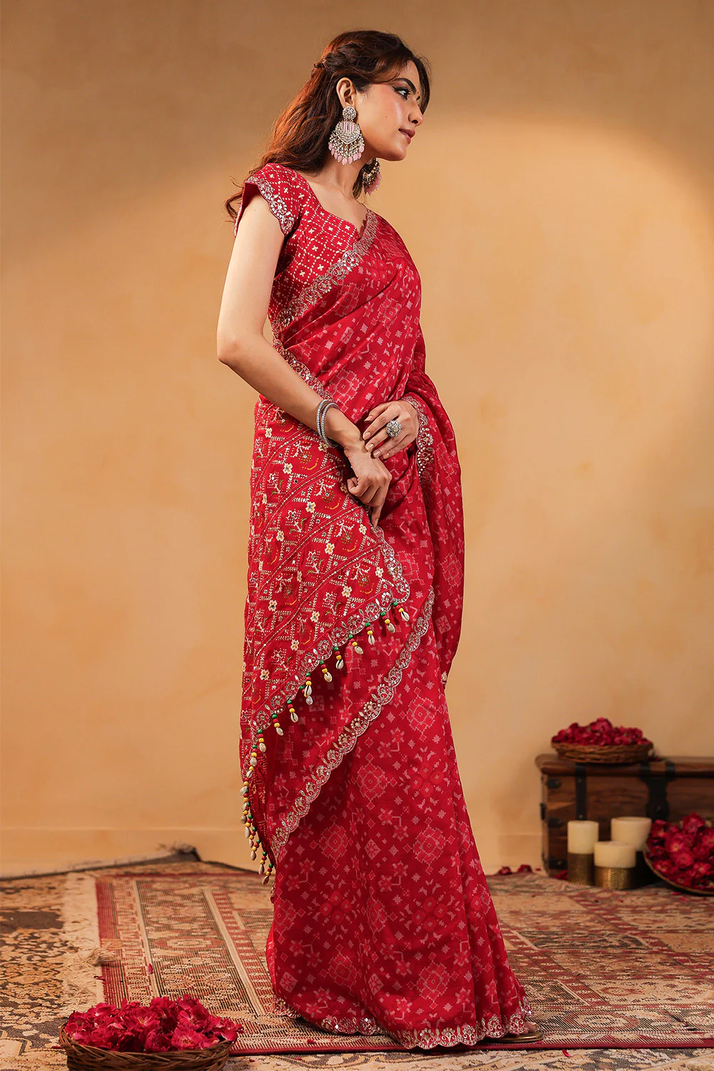 Red Color Ikat Patola Modal Silk Saree with Gota Patti Border - Image 9